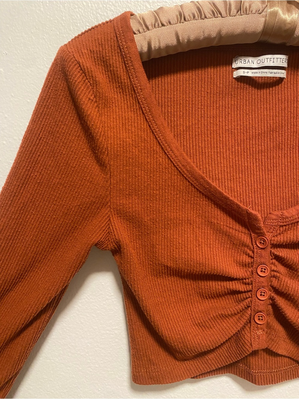 Urban Outfitters Rust Ribbed Button-Front Long Sleeve Crop Top